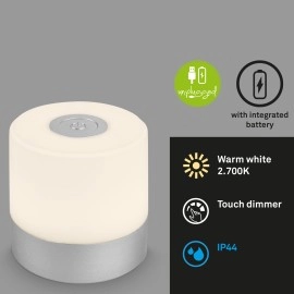 LED akumulatora galda lampa 7 cm, USB-C, 2 W, 150 lm, IP44, hroms (matēts)