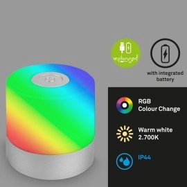 LED akumulatora galda lampa 7 cm, USB-C, 1,5 W, 100 lm, IP44, hroms (matēts)