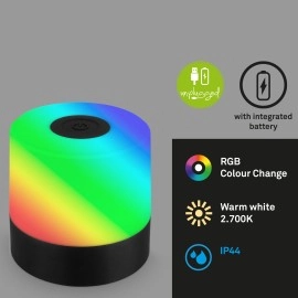 LED akumulatora galda lampa 7 cm, USB-C, 1,5 W, 100 lm, IP44, melna