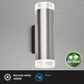 Āra sienas lampa 19,5 cm, 2×GU10, 9,4 W, 800 lm, 4000 K, IP44, nerūsējošais tērauds (Briloner)