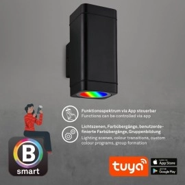 Āra sienas lampa BRILO LED RGBW, Wi‑Fi Tuya, IP44, 15,5 cm, melna (Briloner)