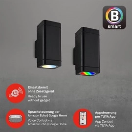Āra sienas lampa BRILO LED RGBW, Wi‑Fi Tuya, IP44, 15,5 cm, melna (Briloner)