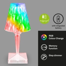 LED RGB akumulatora galda lampa 25,5 cm, 2,3 W, 65 lm, IP20, caurspīdīga (Briloner)