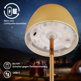 Akumulatora LED galda lampa SERINA Mini Ø80×200 mm 2,5W 150lm 2700K IP44 zelta krāsā (Briloner)