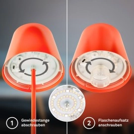 LED RGBW akumulatora galda lampa 12x36 cm, 2,5 W, 200 lm, IP44, oranža, 3-in-1 pudeles uzgalis (Briloner)