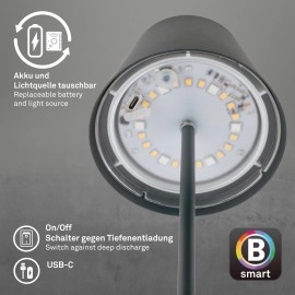 Smart LED akumulatora galda lampa Coloris 10,5×36 cm, 3,5 W, 280 lm, IP44, antracīts