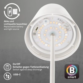 Smart LED akumulatora galda lampa Coloris 10,5×36 cm, 3,5 W, 280 lm, IP44, balta