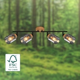 Griestu lampa ar regulējamu virzienu HEMA, 68 cm, 4×E27, dūmu stikls, melna/koks