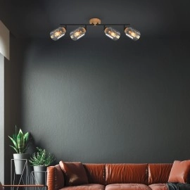 Griestu lampa ar regulējamu virzienu HEMA, 68 cm, 4×E27, dūmu stikls, melna/koks