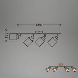 Griestu lampa ar regulējamu virzienu HEMA, 68 cm, 4×E27, dūmu stikls, melna/koks