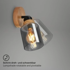Briloner Hema sienas lampa ar regulējamu virzienu 21 cm, E27, dūmu stikls/koks, melna (2485015)