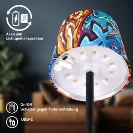 BOJA bezvadu LED galda lampa, IP44, dimmējama, graffiti dizains