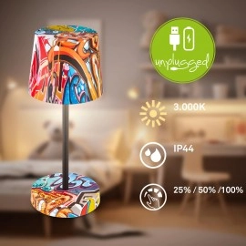 BOJA bezvadu LED galda lampa, IP44, dimmējama, graffiti dizains