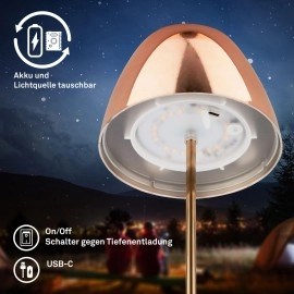 SERINA bezvadu LED galda lampa, IP44, dimmējama, vara krāsā