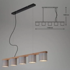 RHON piekaramā lampa pelēka/koka, 5xE14, 110 cm (BRILONER)
