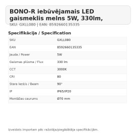 BONO-R iebūvējamais LED gaismeklis melns 5W, 330lm, 3000K, IP65/20 (GreenLUX)