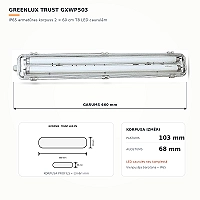 TRUST IP65 armatūras korpuss 2×60 cm vienpusēji barotām T8 LED caurulēm, bez caurulēm (GreenLUX GXWP503)