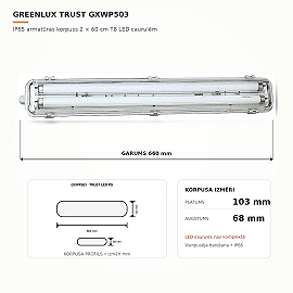TRUST IP65 armatūras korpuss 2×60 cm vienpusēji barotām T8 LED caurulēm, bez caurulēm (GreenLUX GXWP503)
