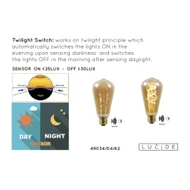 4W, E27, LED Filament āra spuldze "AMBER", ar integrētu krēslas slēdzi, 230LM, 2200K, Lucide, 49034-04-62