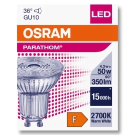 4.3W, GU10, LED spuldze, 2700K, 350lm, 36° - LEDVANCE