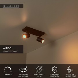 AMIGO griestu prožektors 2xGU10 melns (Lucide)