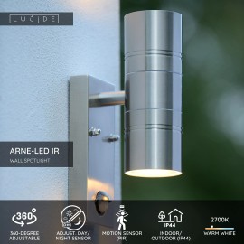 ARNE-LED — āra sienas prožektors, Ø6,3, LED, kustības sensors, satīna hroma (Lucide)