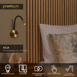 ASJA uzlādējama LED sienas lasīšanas lampa 3 W 2700 K matēta zelta/misiņa (Lucide)