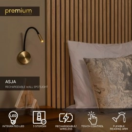 ASJA uzlādējama LED sienas lasīšanas lampa 3 W 2700 K matēta zelta/misiņa (Lucide)