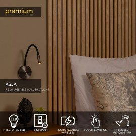 ASJA uzlādējama LED sienas lasīšanas lampa 3 W 2700 K pelēkā metāla apdarē (Lucide)