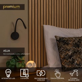 ASJA uzlādējama LED sienas lasīšanas lampa 3 W 2700 K melna (Lucide)