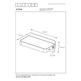 ATKIN gultas/sienas gaismeklis LED 6 W 3000K ar USB melns (Lucide)