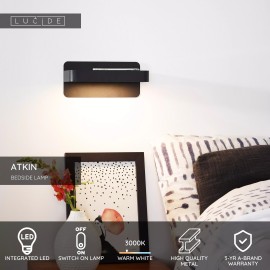 ATKIN gultas/sienas gaismeklis LED 6 W 3000K ar USB melns (Lucide)