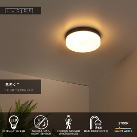 BISKIT vannas istabas griestu lampa Ø28 cm LED 1x18W 2700K IP44 ar kustības sensoru melna (Lucide)
