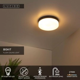 BISKIT vannas istabas griestu lampa Ø28 cm LED 1x18W 2700K IP44 ar kustības sensoru melna (Lucide)