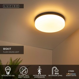 BISKIT vannas istabas griestu lampa Ø34,5 cm LED 1x24W 2700K IP44 ar kustības sensoru melna (Lucide)