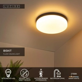 BISKIT vannas istabas griestu lampa Ø34,5 cm LED 1x24W 2700K IP44 ar kustības sensoru melna (Lucide)