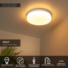 BISKIT vannas istabas griestu lampa Ø34,5 cm LED 1x24W 2700K IP44 ar kustības sensoru balta (Lucide)