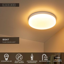 BISKIT vannas istabas griestu lampa Ø40 cm LED 1x36W 2700K IP44 ar kustības sensoru balta (Lucide)