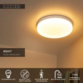 BISKIT vannas istabas griestu lampa Ø40 cm LED 1x36W 2700K IP44 ar kustības sensoru balta (Lucide)
