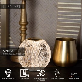 CINTRA uzlādējama galda lampa LED 1x1,5 W 2700 K Ø9 cm caurspīdīga (Lucide)