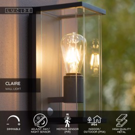 CLAIRE — āra sienas lampa, 1xE27, 15W, IP54, antracīta (Lucide)