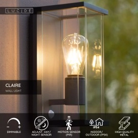 CLAIRE — āra sienas lampa, 1xE27, 15W, IP54, antracīta (Lucide)