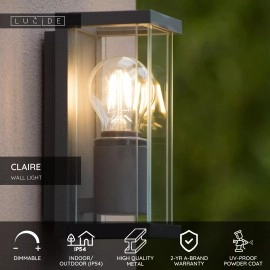 CLAIRE — āra sienas lampa, 1xE27, 15W, IP54, antracīta (Lucide)