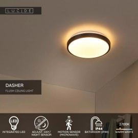 DASHER Vannas istabas griestu lampa ar sensoru 1x12W integrēts LED IP44 melna (Lucide)
