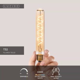 T32 H20 cm filament LED spuldze E27 1 × 4,9 W 440 lm 2200 K dimmējama dzintara (Lucide)