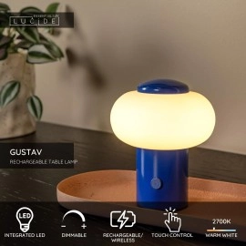 GUSTAV Uzlādējama galda lampa Ø8 cm LED dim 1x0,8W 2700K zila (Lucide)