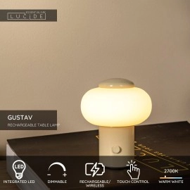 GUSTAV Uzlādējama galda lampa Ø8 cm LED dim 1x0,8W 2700K krēmkrāsa (Lucide)