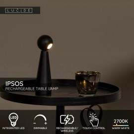 IPSOS uzlādējama galda lampa LED 3W 2700K melna (Lucide)