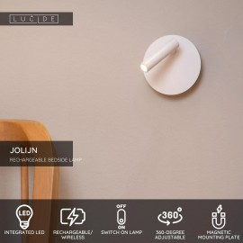 JOLIJN uzlādējams magnētisks gultas/sienas gaismeklis Ø10,2 cm balts (Lucide)