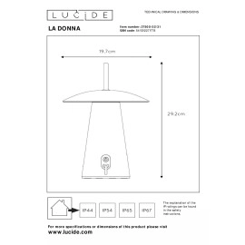 LA DONNA uzlādējama āra galda lampa Ø19,7 cm LED 2W 2700K balta (Lucide)